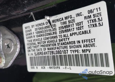 2011 Honda Cr-V Ex-L from USA, damaged, VIN 5J6RE4H72BL080107